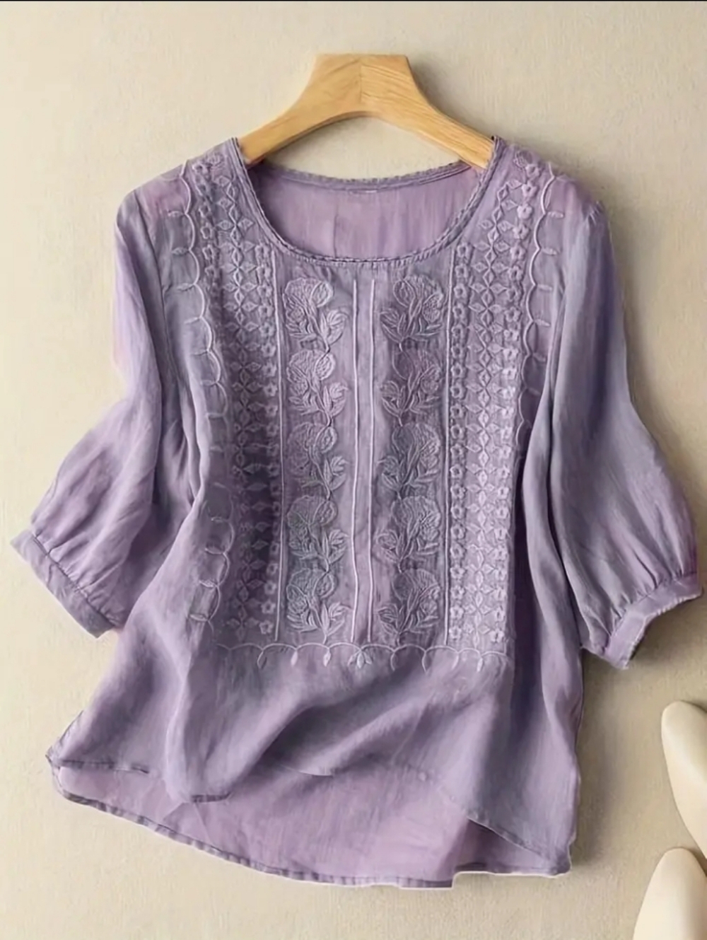 Linen-Blend Embroidered Peasant Top - Lavender